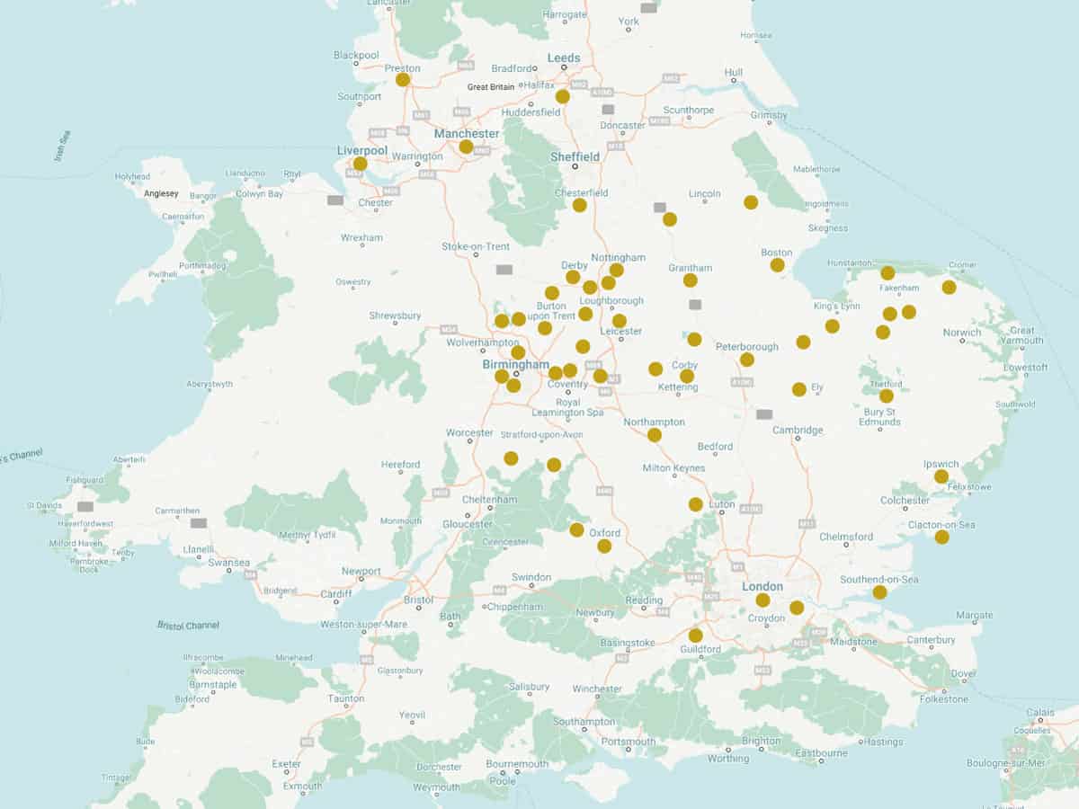 Map highlighting the Inside Land Property Developments across England